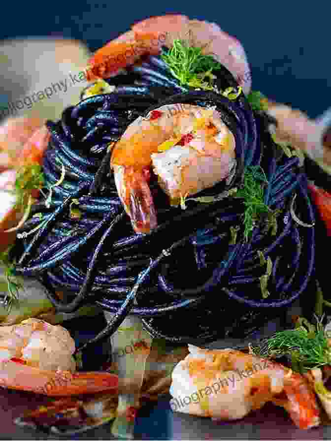 A Visually Stunning Plate Of Black Ink Pasta, Adorned With Plump Shrimp, Delicate Squid, And A Vibrant Saffron Sauce. Homemade Pasta Cookbook: Pasta Recipe With Delicious Pasta Recipes (Pasta Miracle)